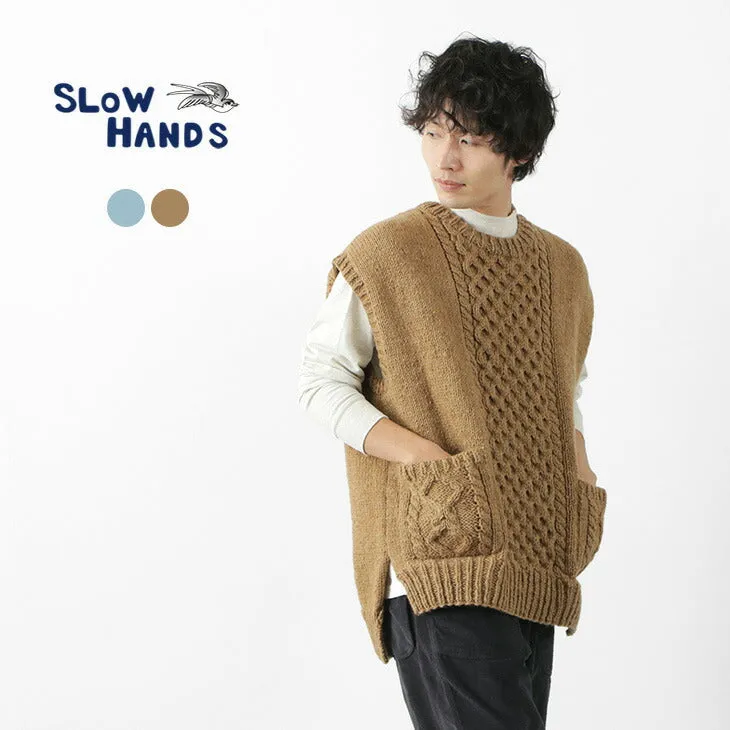 【50％OFF】SLOW HANDS（スローハンズ） ベジタブルダイ アラン ドロップショルダー ニットベスト / メンズ / 草木染 / 経年変化 / レイヤード / YW-49B / VEGI DYE ARAN DROP SHOULDER KNIT V