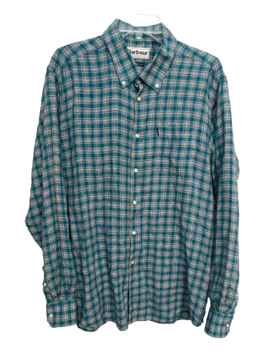 Barbour Size L Green & Multi Linen Plaid Button Down Men's Long Sleeve Shirt