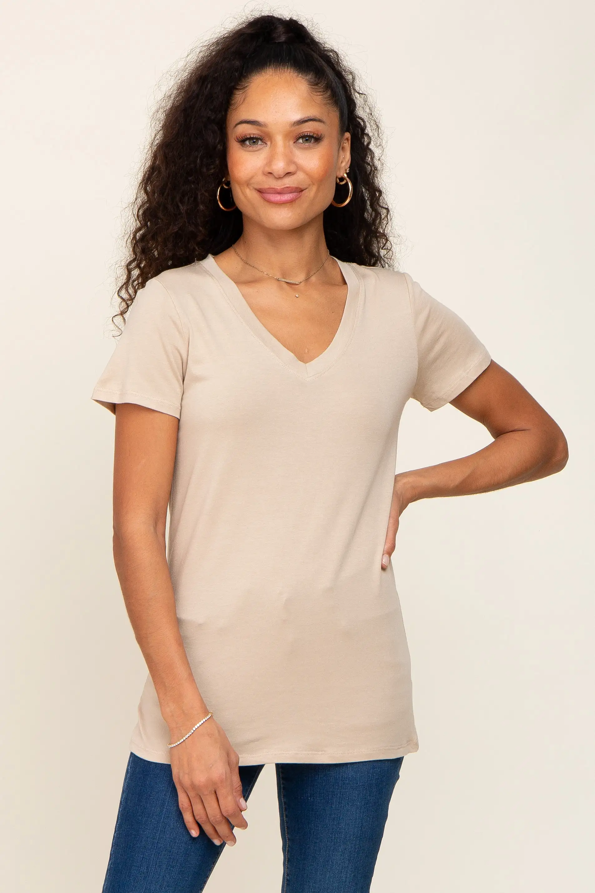 Beige Basic V-Neck Maternity Tee