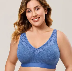 Blue Mist Gray Cotton Seamless Wireless Lace Unlined Bra for Women