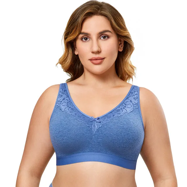 Blue Mist Gray Cotton Seamless Wireless Lace Unlined Bra for Women