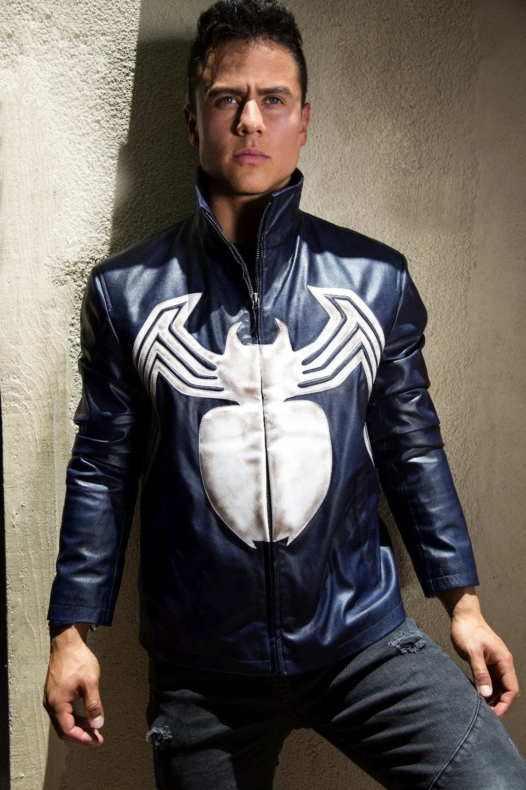 Buy Mens Spiderman Venom Leather Jacket Blue Weathered | LucaJackets