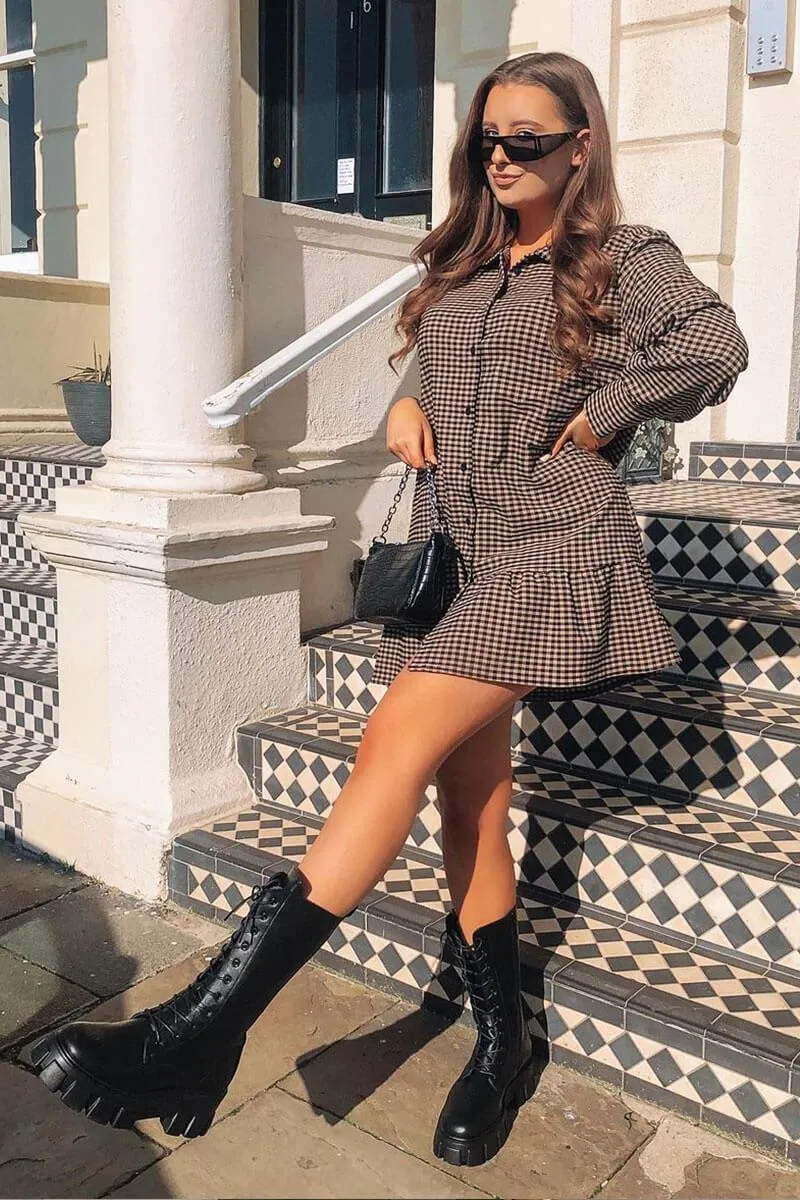 Camel Gingham Frill Hem Mini Shirt Dress - Iyla