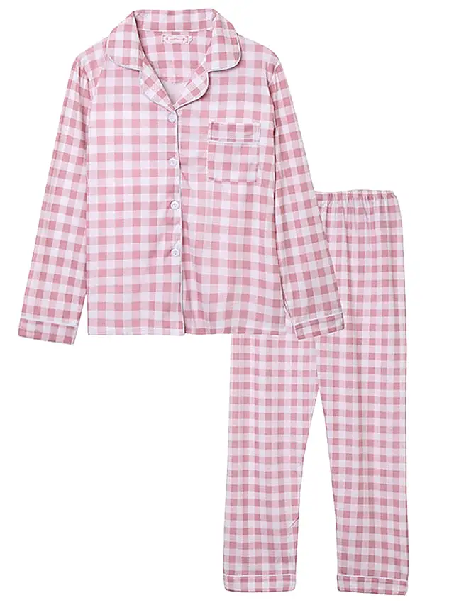 Chic Women's Lotus Pink and Black Grid/Plaid Polyester Pajama Set