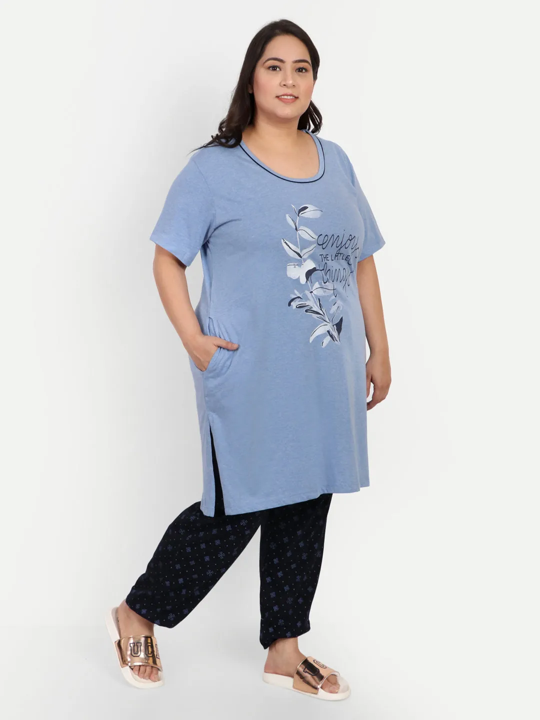 Cotton Nightsuit For Women - Long Top & Pyjama Set - Sky Blue & Black