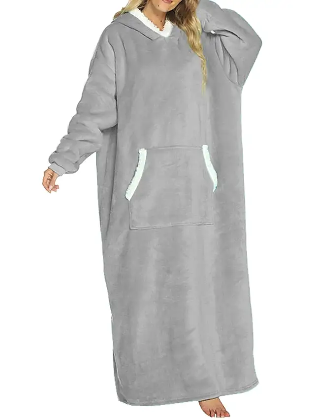 Cozy Women's Lake Blue and Black Plush Hooded Blanket Pajama Set