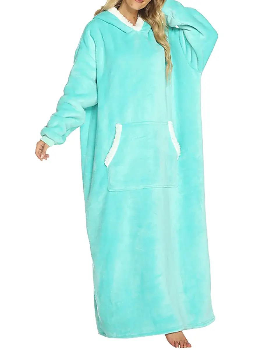 Cozy Women's Lake Blue and Black Plush Hooded Blanket Pajama Set