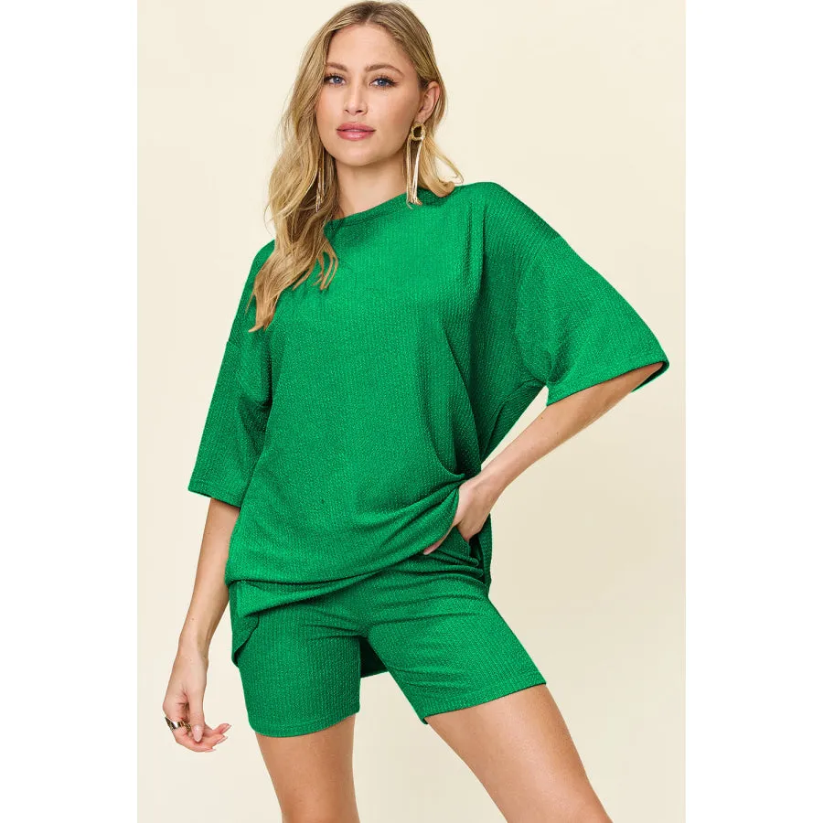 Double Take Full Size Texture Round Neck Drop Shoulder T-Shirt and Shorts Set