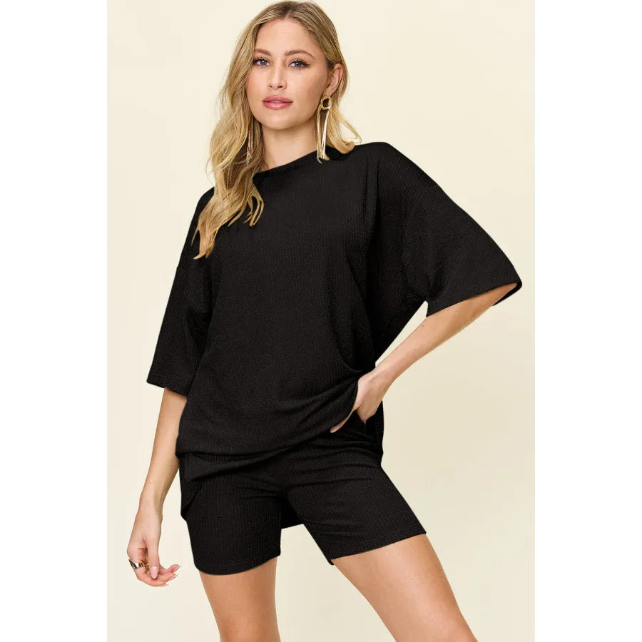 Double Take Full Size Texture Round Neck Drop Shoulder T-Shirt and Shorts Set