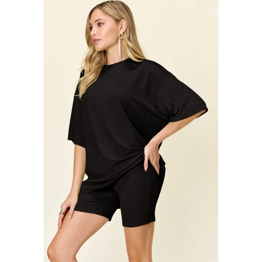 Double Take Full Size Texture Round Neck Drop Shoulder T-Shirt and Shorts Set