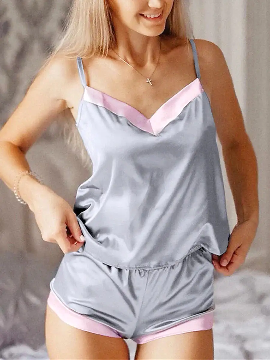 Elegant Silver and Black Satin Pajama Set for Women