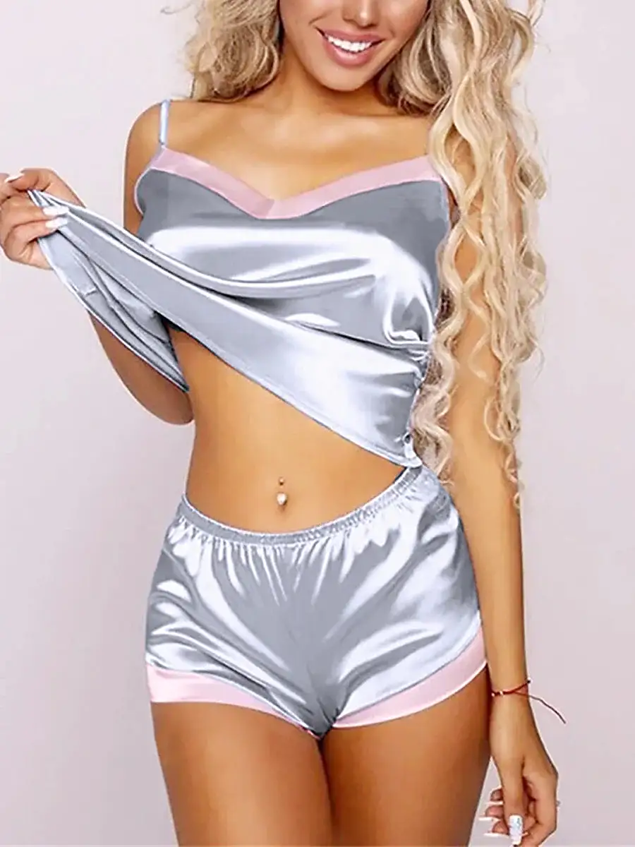 Elegant Silver and Black Satin Pajama Set for Women