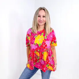 Fuchsia Floral Time For Sun Drop Shoulder Babydoll Top