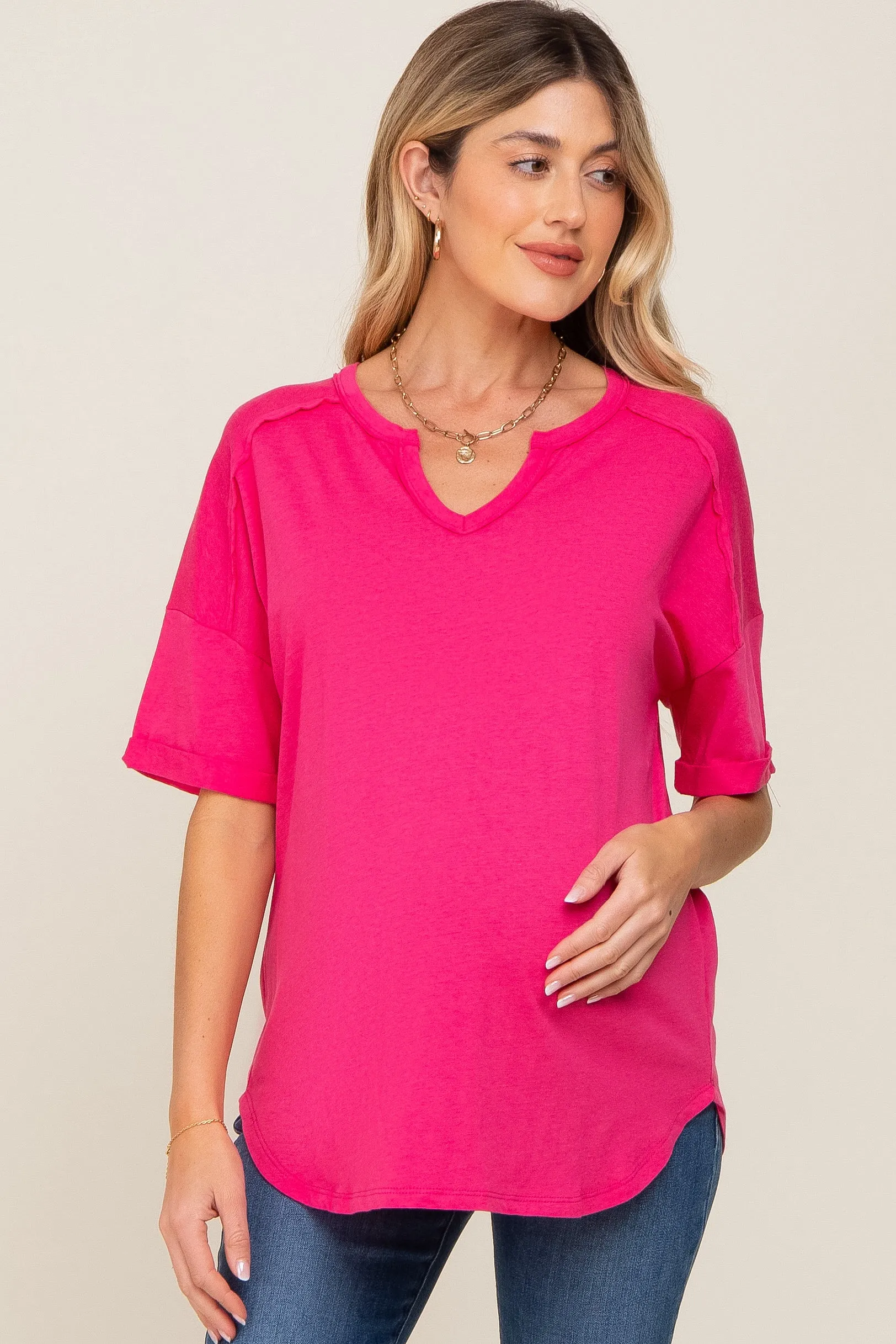 Fuchsia Oversized V-Neck Cuffed Short Sleeve Maternity Tee