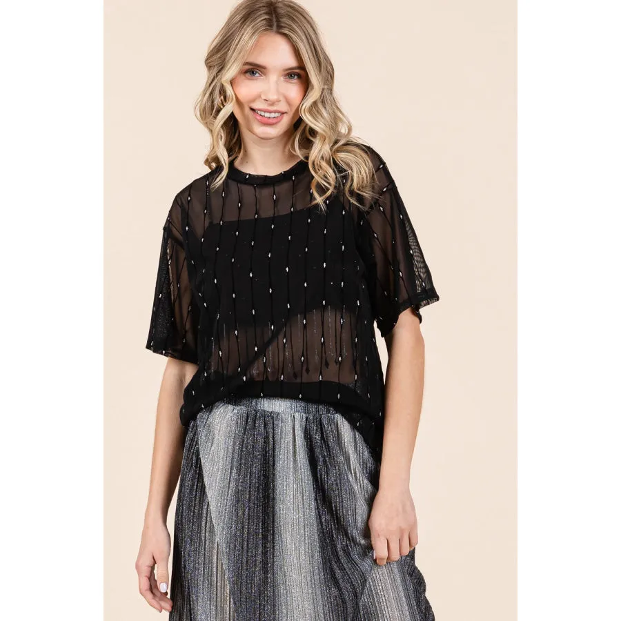 GeeGee Round Neck Drop Shoulder Mesh Glitter Top