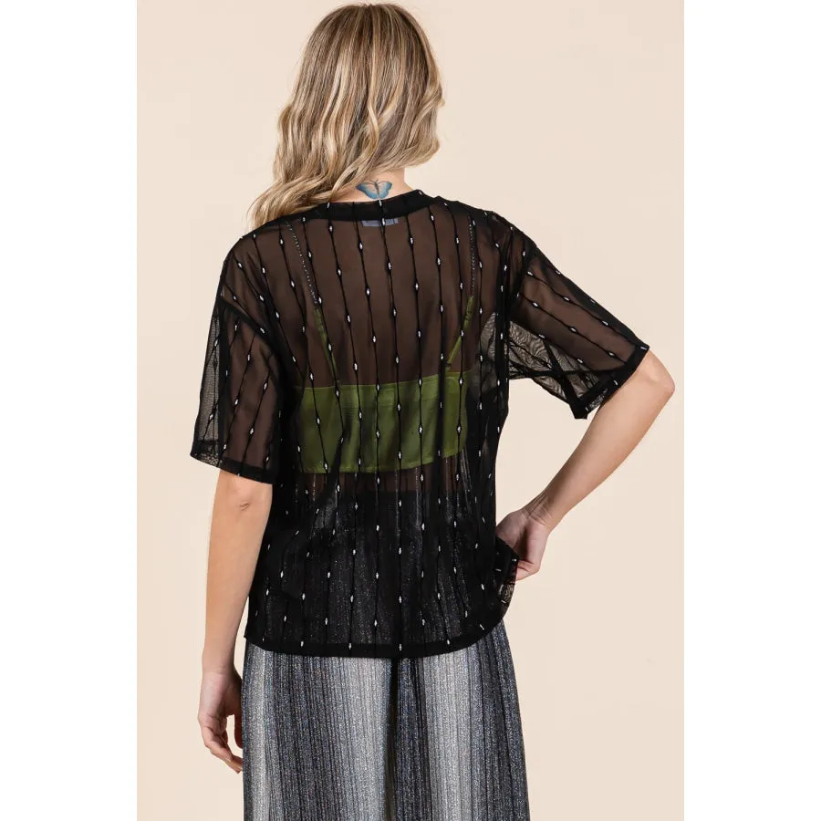 GeeGee Round Neck Drop Shoulder Mesh Glitter Top