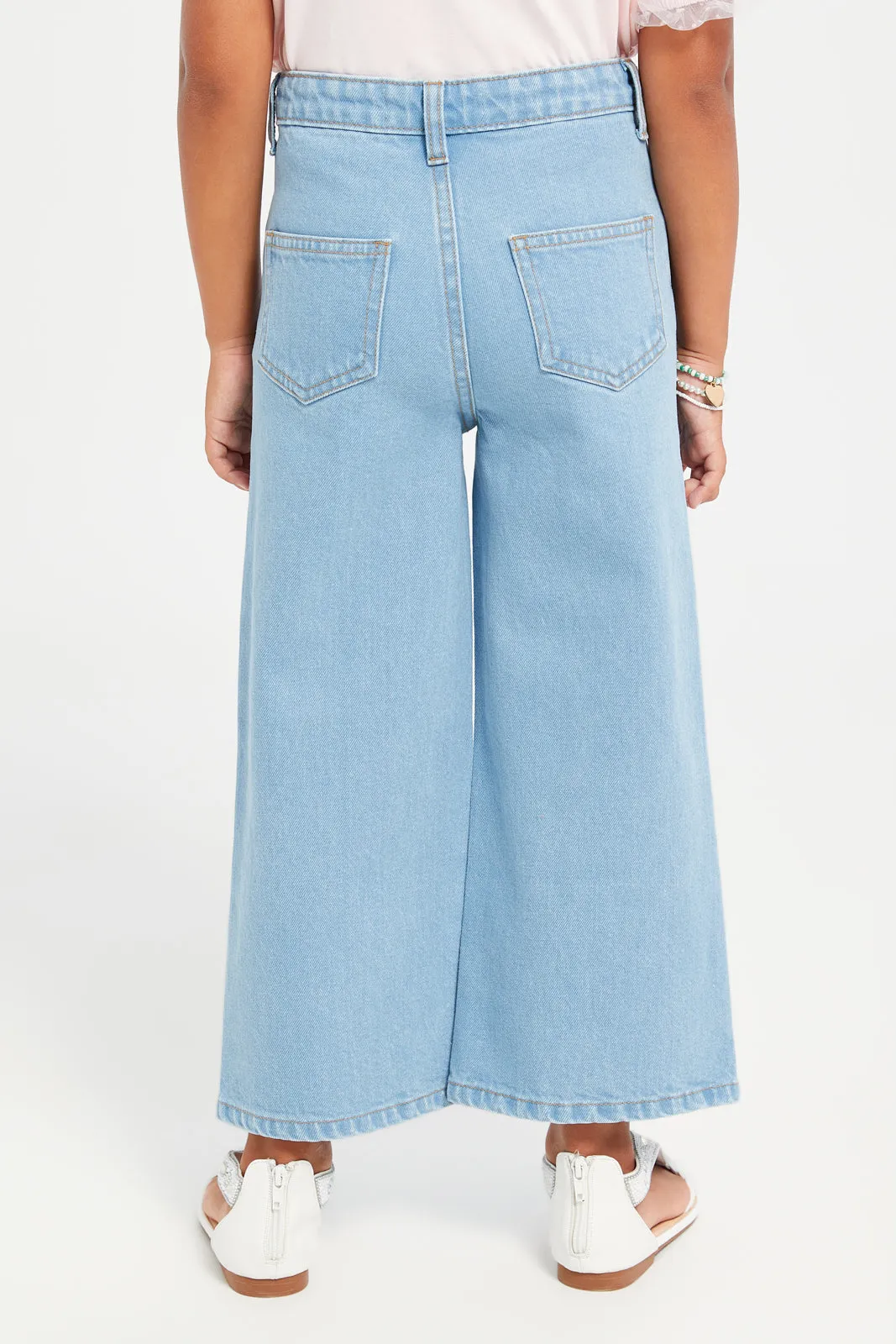 Girls Blue Wide Leg Color Block Jeans