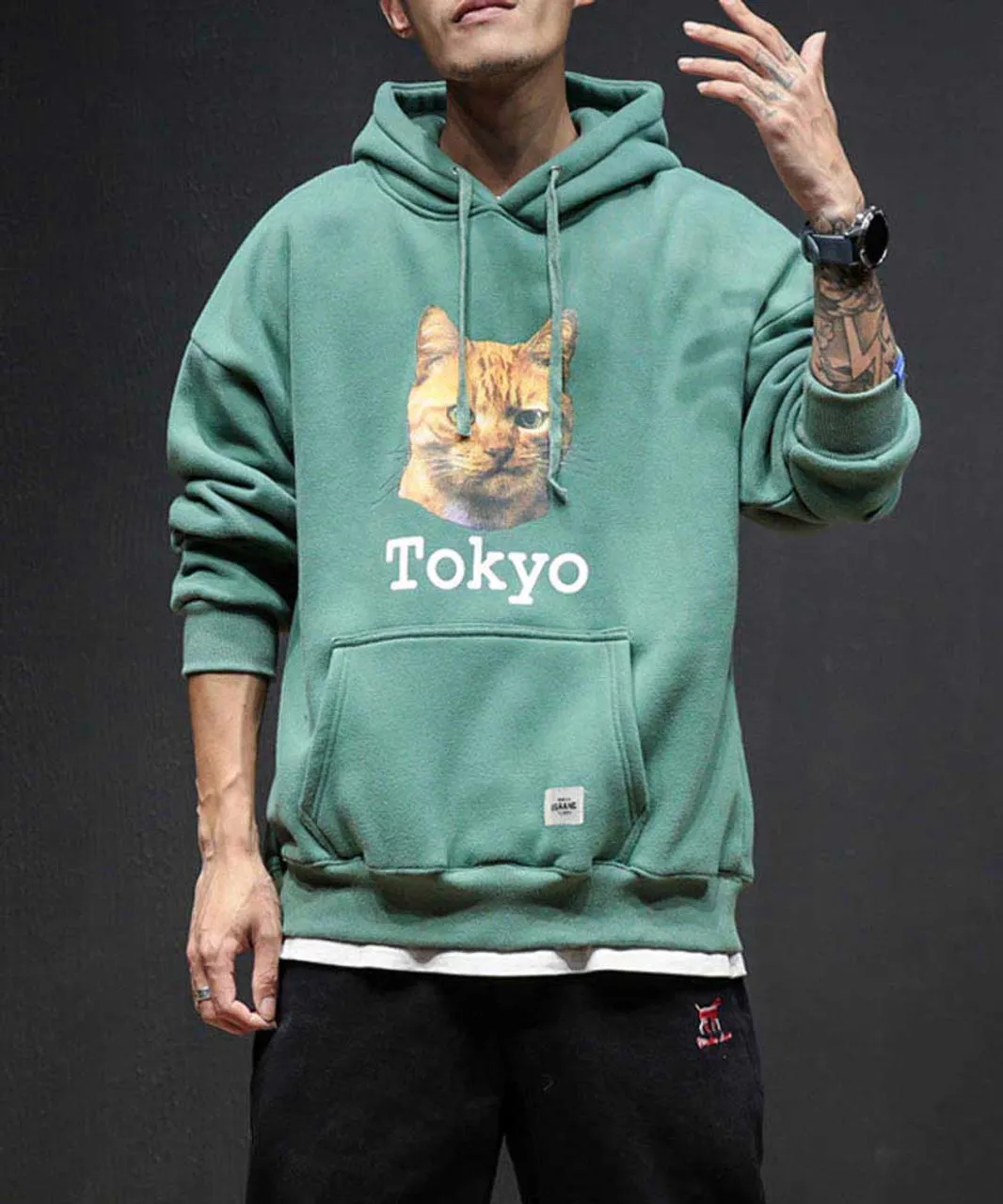 Green Tokyo cat pattern print hoodies with pouch pocket