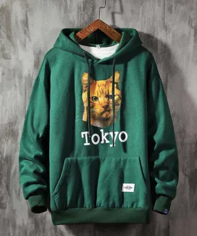 Green Tokyo cat pattern print hoodies with pouch pocket