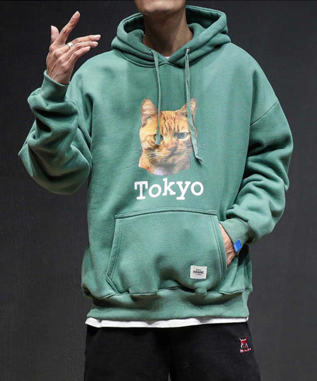 Green Tokyo cat pattern print hoodies with pouch pocket