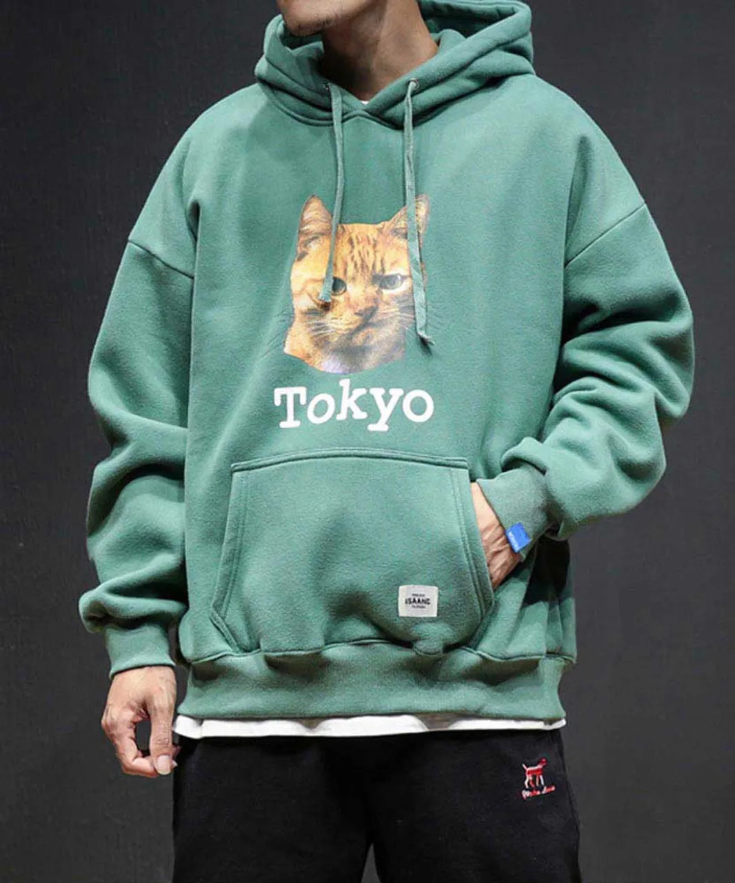 Green Tokyo cat pattern print hoodies with pouch pocket