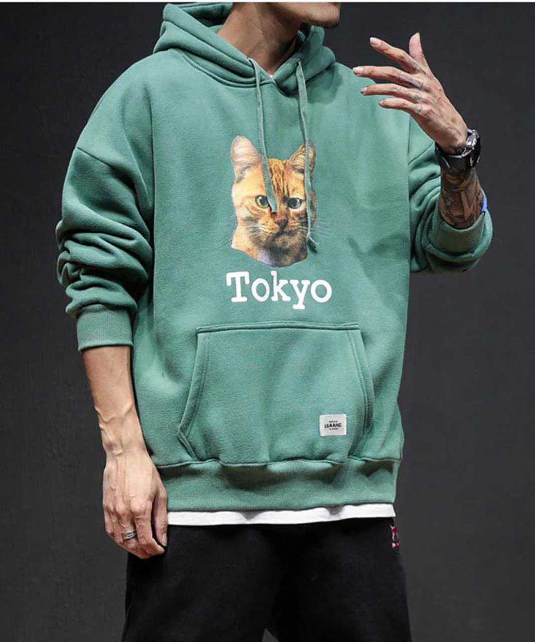 Green Tokyo cat pattern print hoodies with pouch pocket