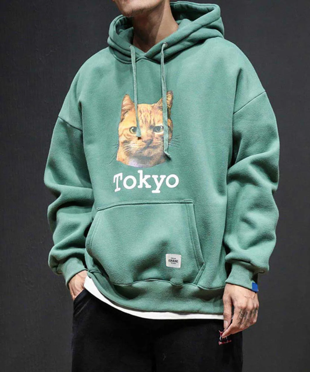 Green Tokyo cat pattern print hoodies with pouch pocket