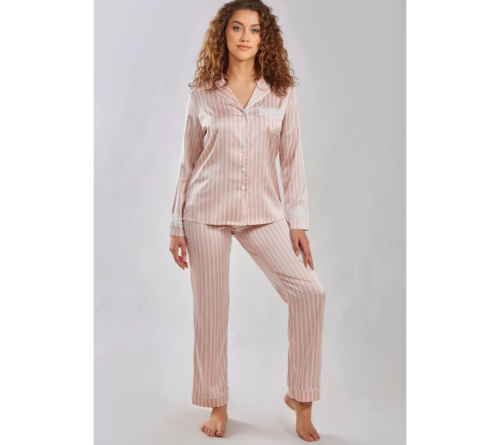 iCollection Striped Satin Button-Up Pajama Lou nge Set