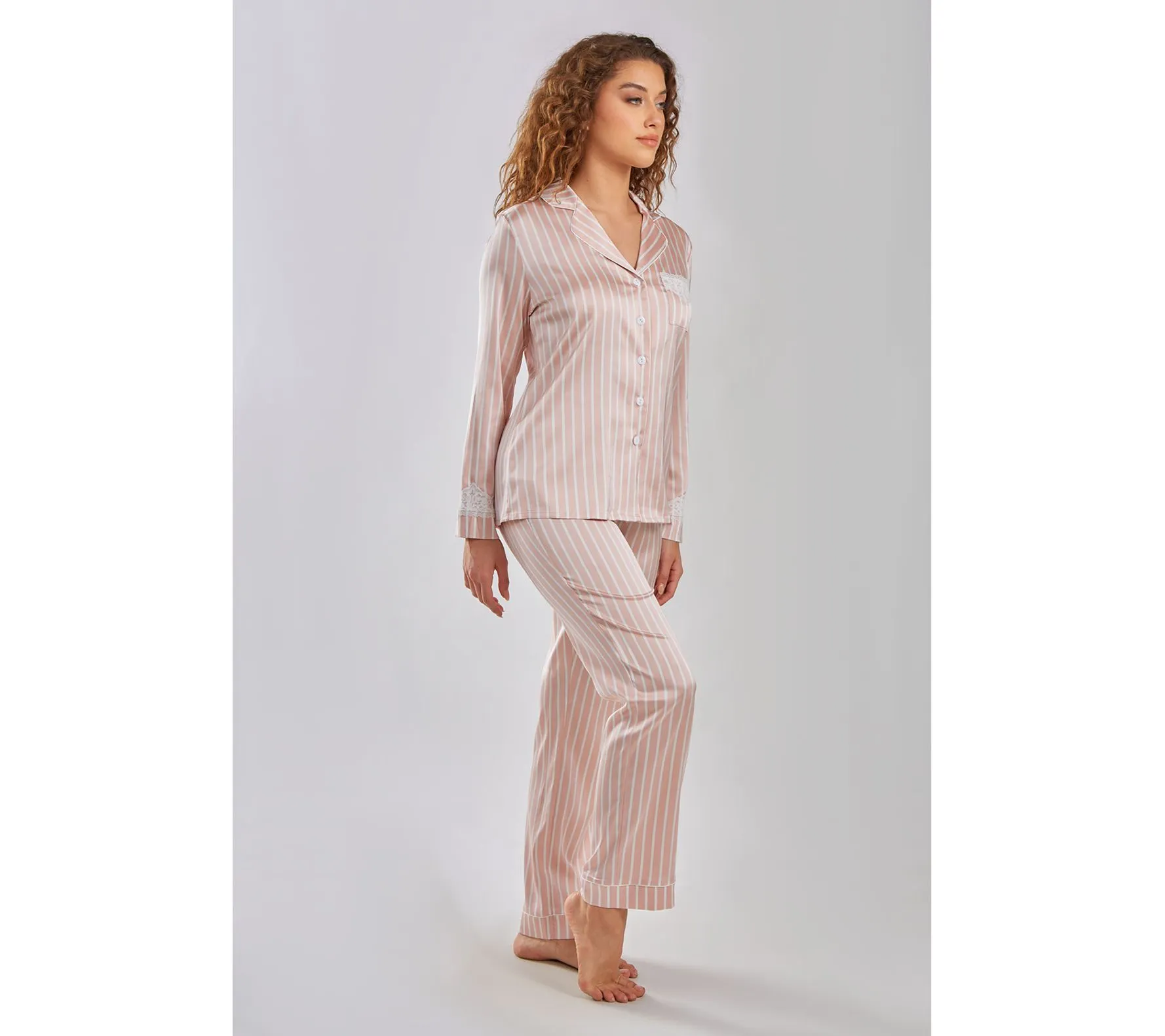 iCollection Striped Satin Button-Up Pajama Lou nge Set