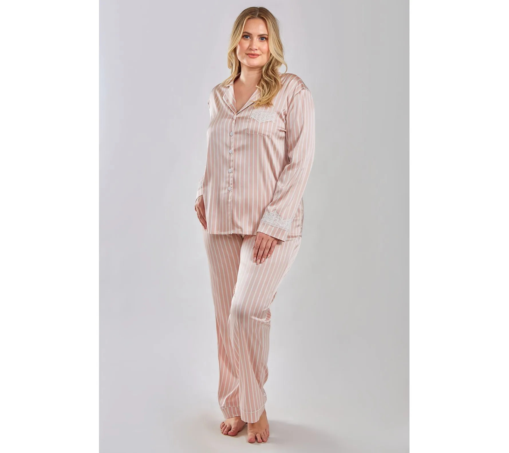 iCollection Striped Satin Button-Up Pajama Lou nge Set