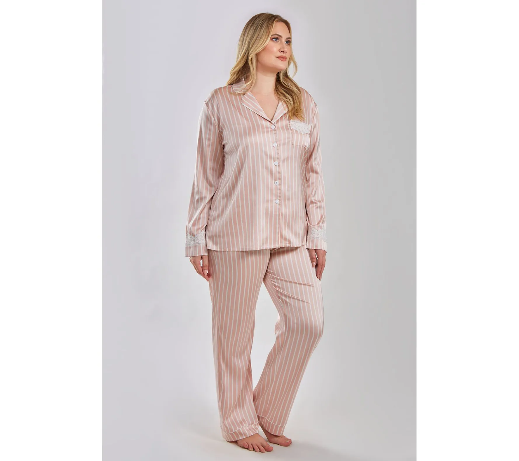 iCollection Striped Satin Button-Up Pajama Lou nge Set