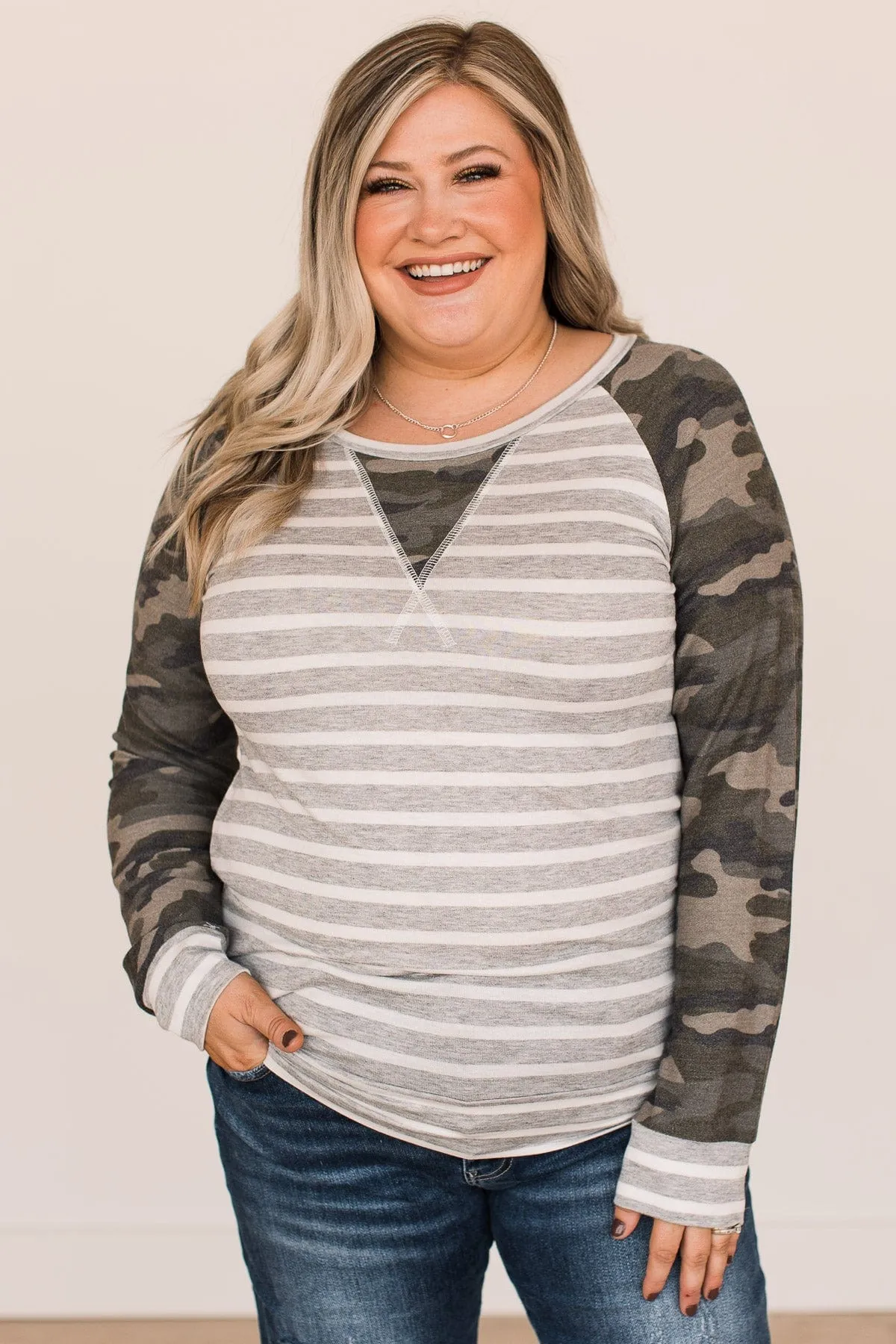 Let's Get Lost Camo & Stripe Top- Heather Grey