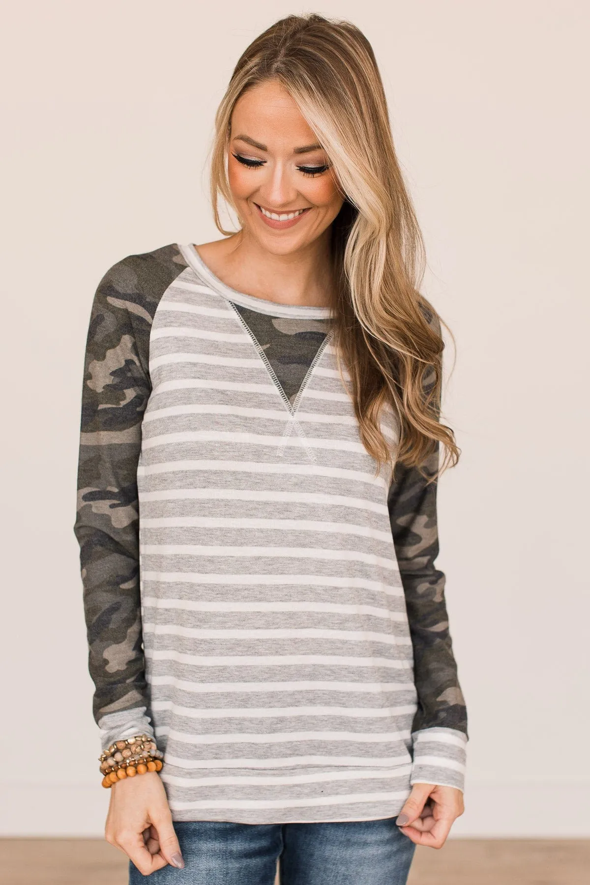 Let's Get Lost Camo & Stripe Top- Heather Grey