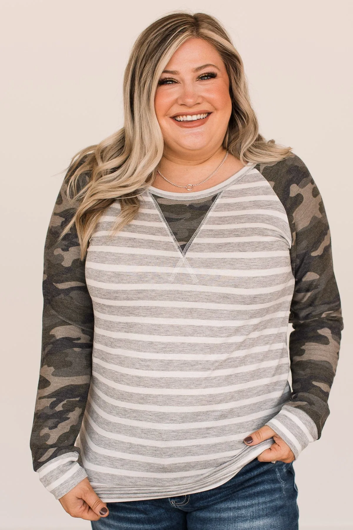 Let's Get Lost Camo & Stripe Top- Heather Grey