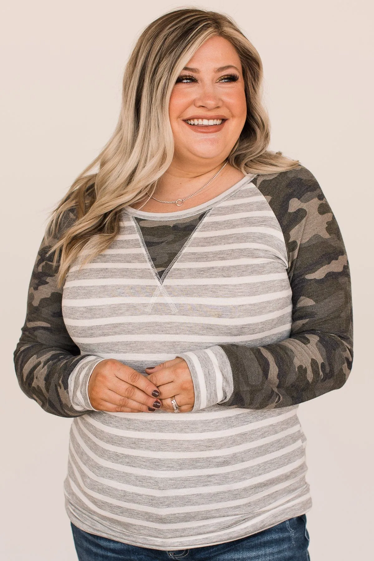 Let's Get Lost Camo & Stripe Top- Heather Grey