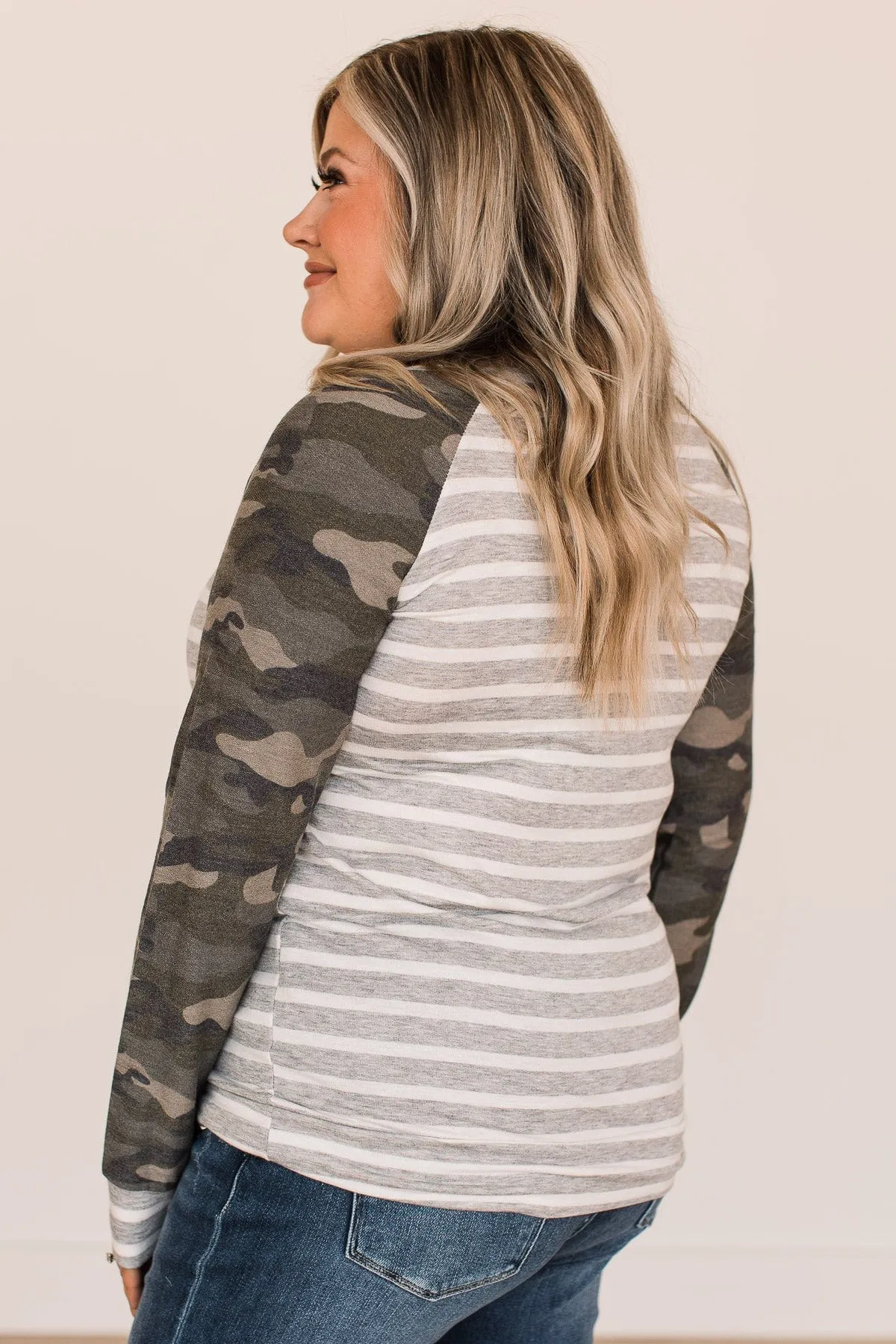 Let's Get Lost Camo & Stripe Top- Heather Grey