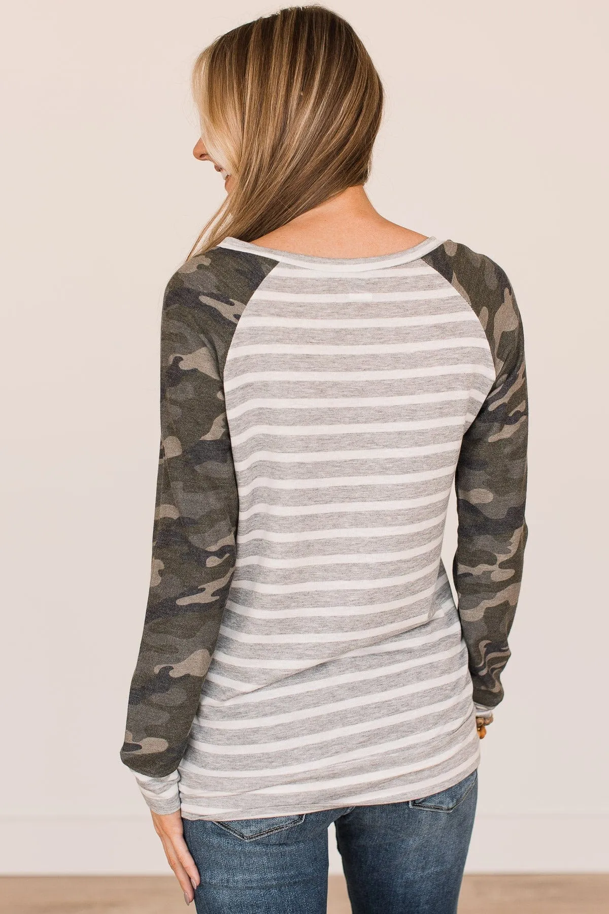 Let's Get Lost Camo & Stripe Top- Heather Grey