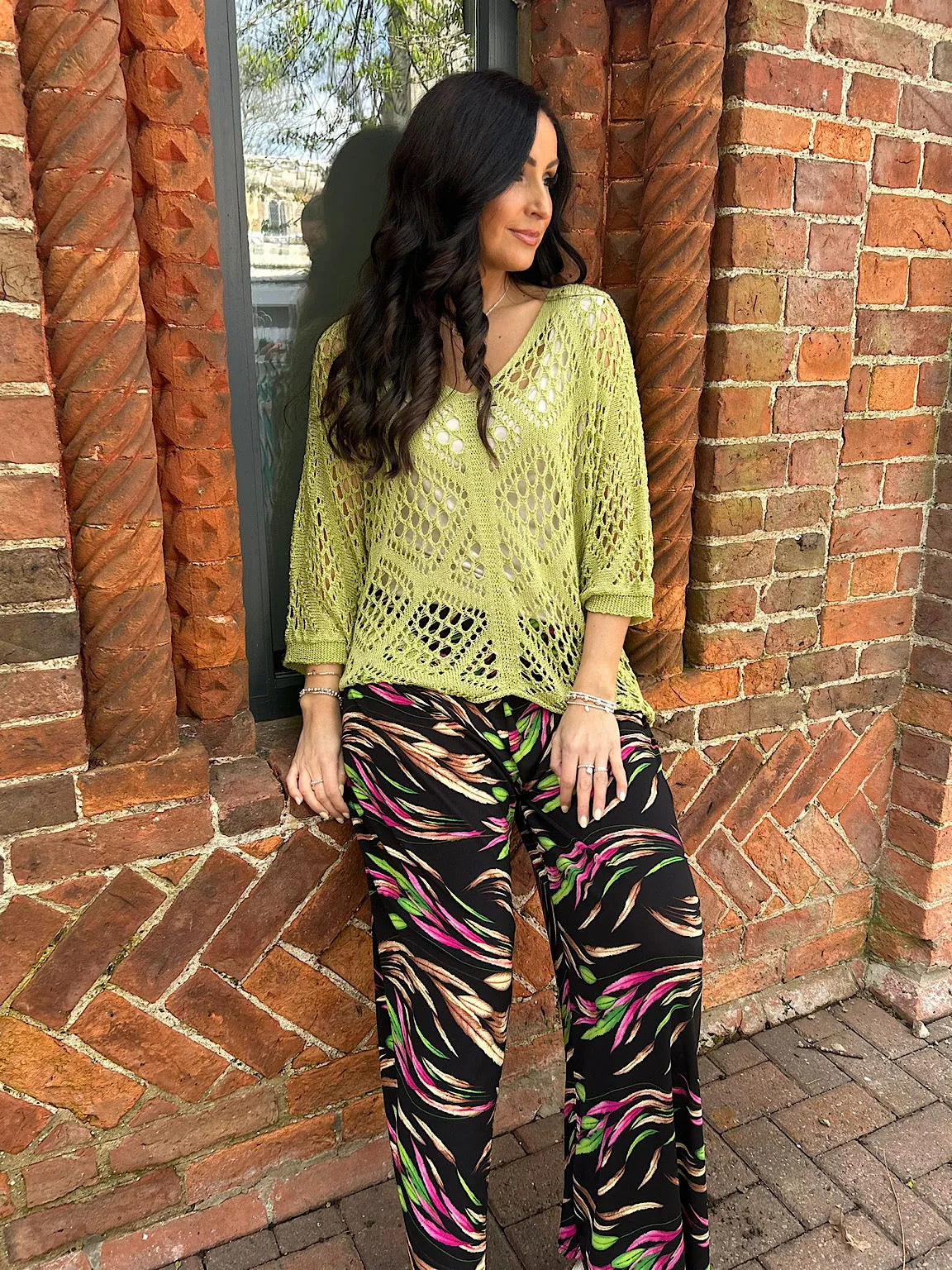 Lime Diamond Pattern Loose Knit Top Erin