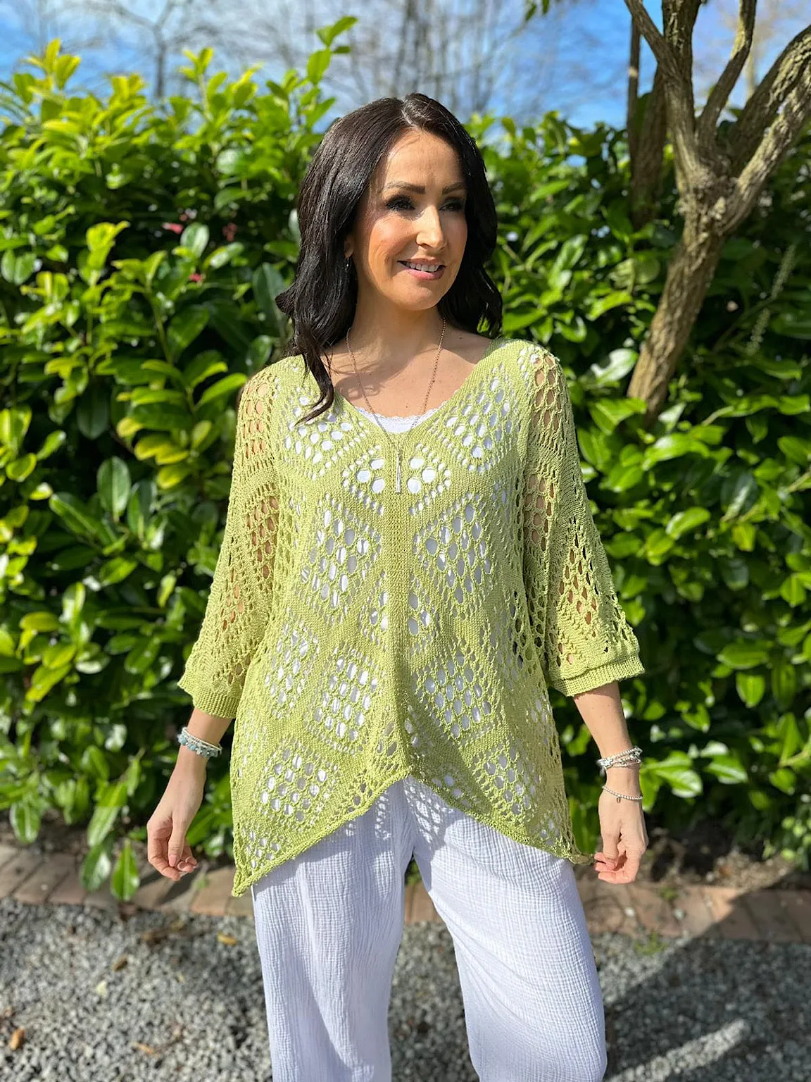 Lime Diamond Pattern Loose Knit Top Erin