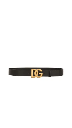 Lux Leather Belt With Crossover Dg Logo Buckle - Black