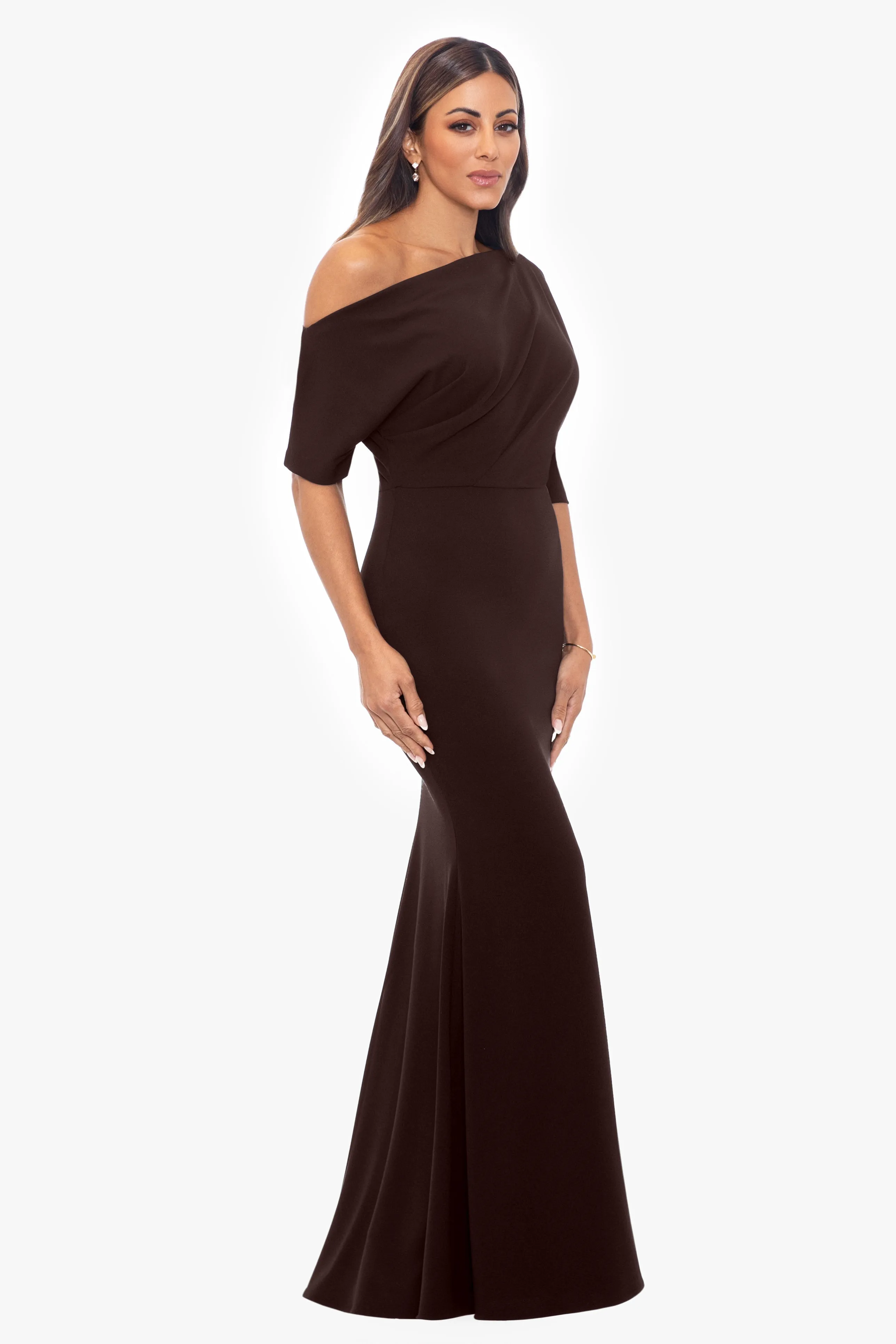 Madeline Long Scuba Crepe Off the Shoulder Drop Dress