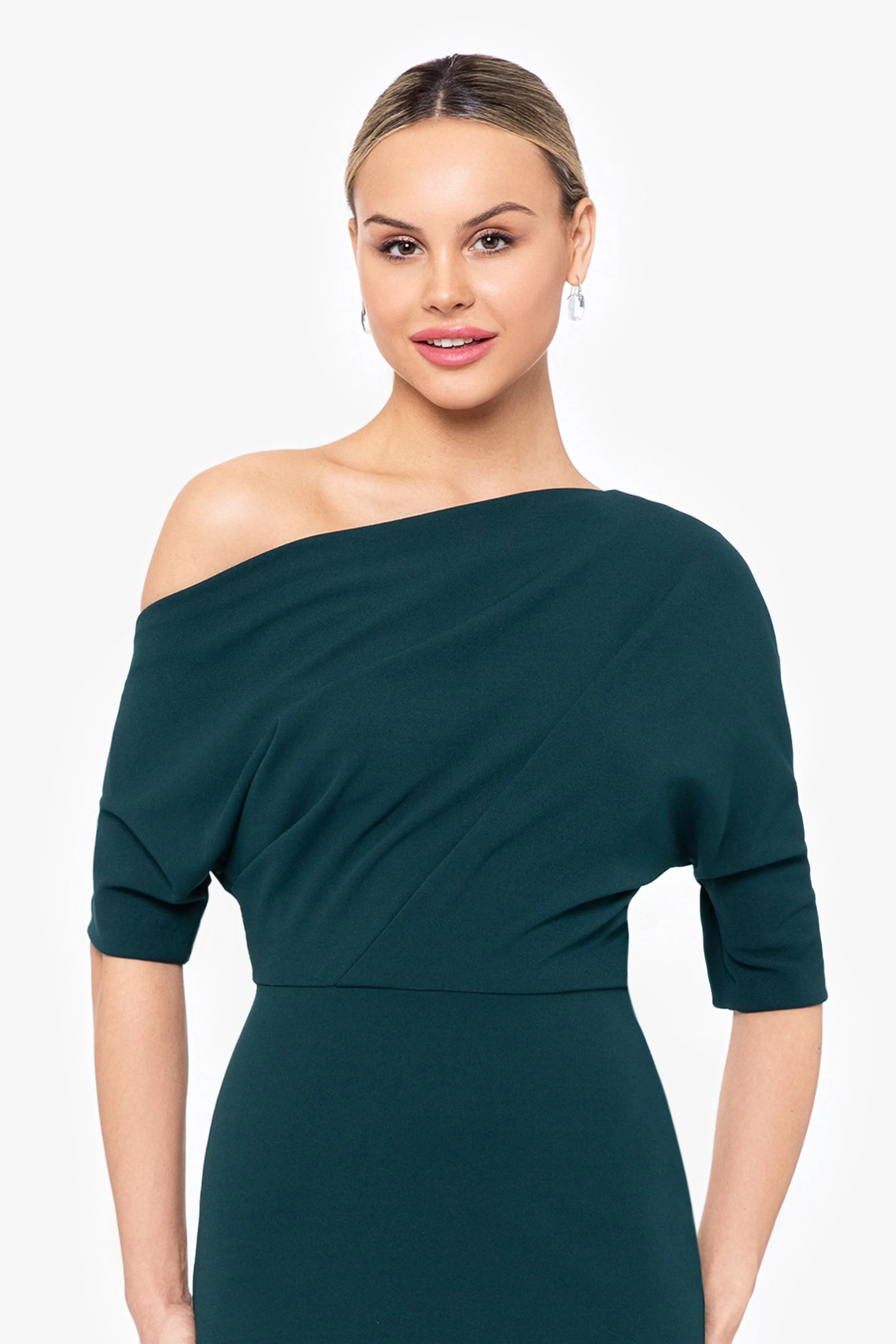 Madeline Long Scuba Crepe Off the Shoulder Drop Dress