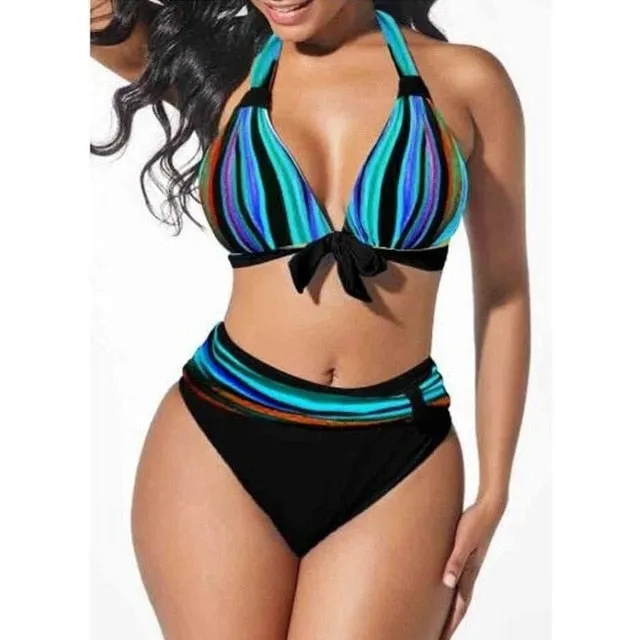 Neon Striped Bikini Set Push Up for Women's