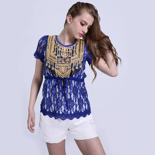 New Fashion Women T shirts Lace O-neck Female Top Short Sleeve S-XL Female Plus Size Russian Bling Tee 72284 SM6