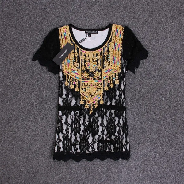 New Fashion Women T shirts Lace O-neck Female Top Short Sleeve S-XL Female Plus Size Russian Bling Tee 72284 SM6