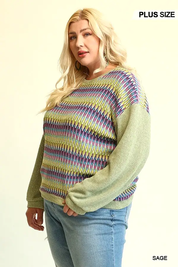 Novelty Knit And Solid Knit Mixed Loose Top With Drop Down Shoulder