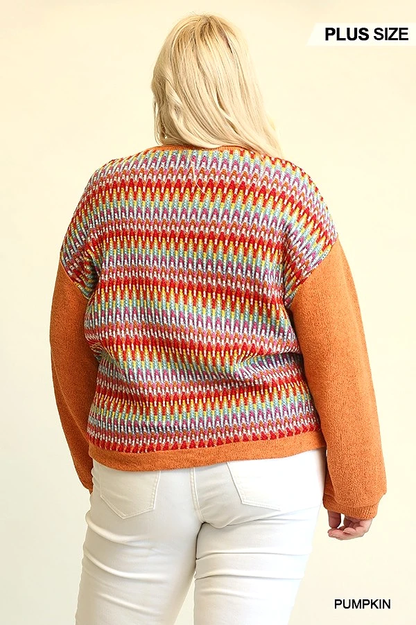 Novelty Knit And Solid Knit Mixed Loose Top With Drop Down Shoulder