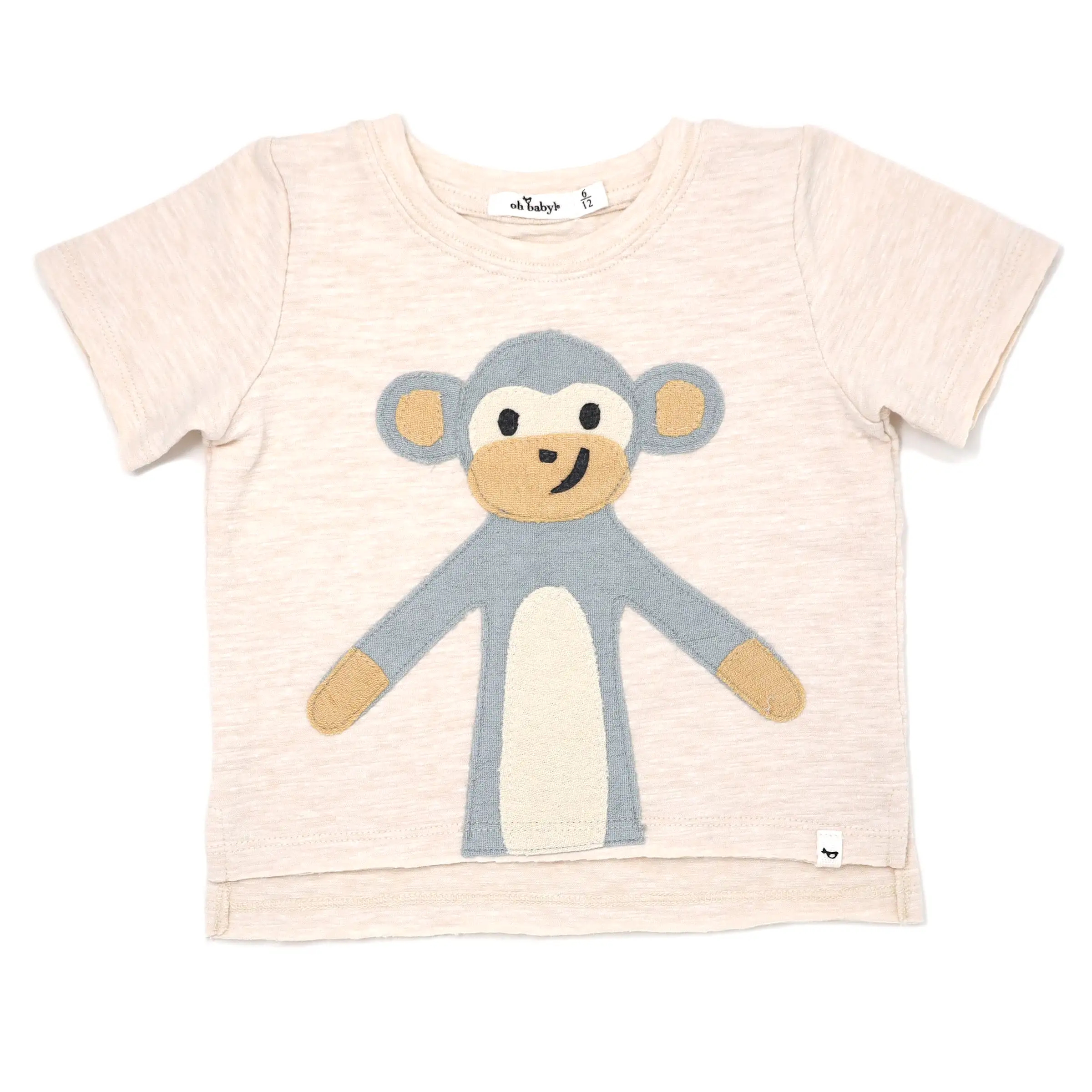 oh baby! Raw Edge Short Sleeve Cotton Slub Tee - Monkey  - Sand Heather