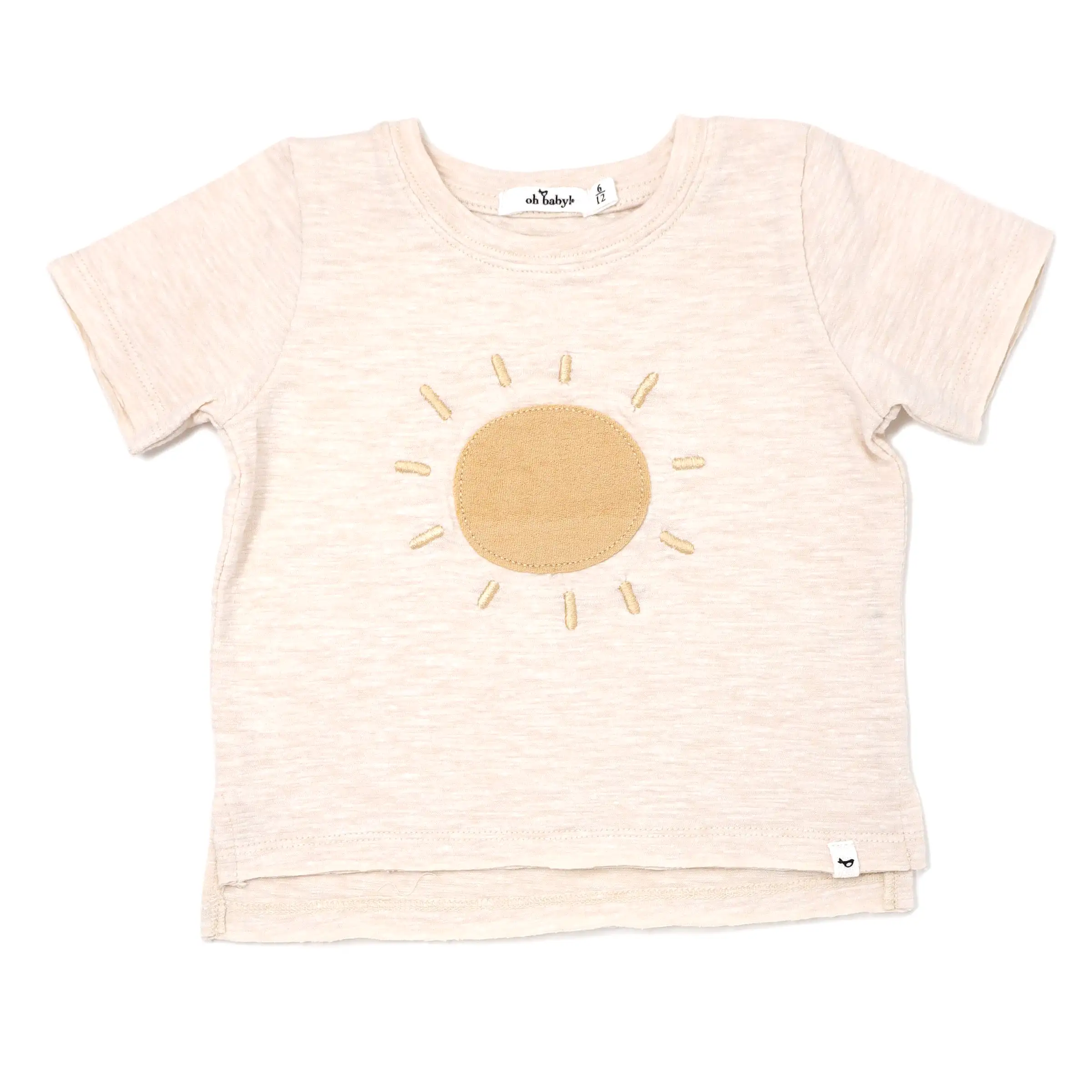 oh baby! Raw Edge Short Sleeve Cotton Slub Tee - Sun Applique  - Sand Heather