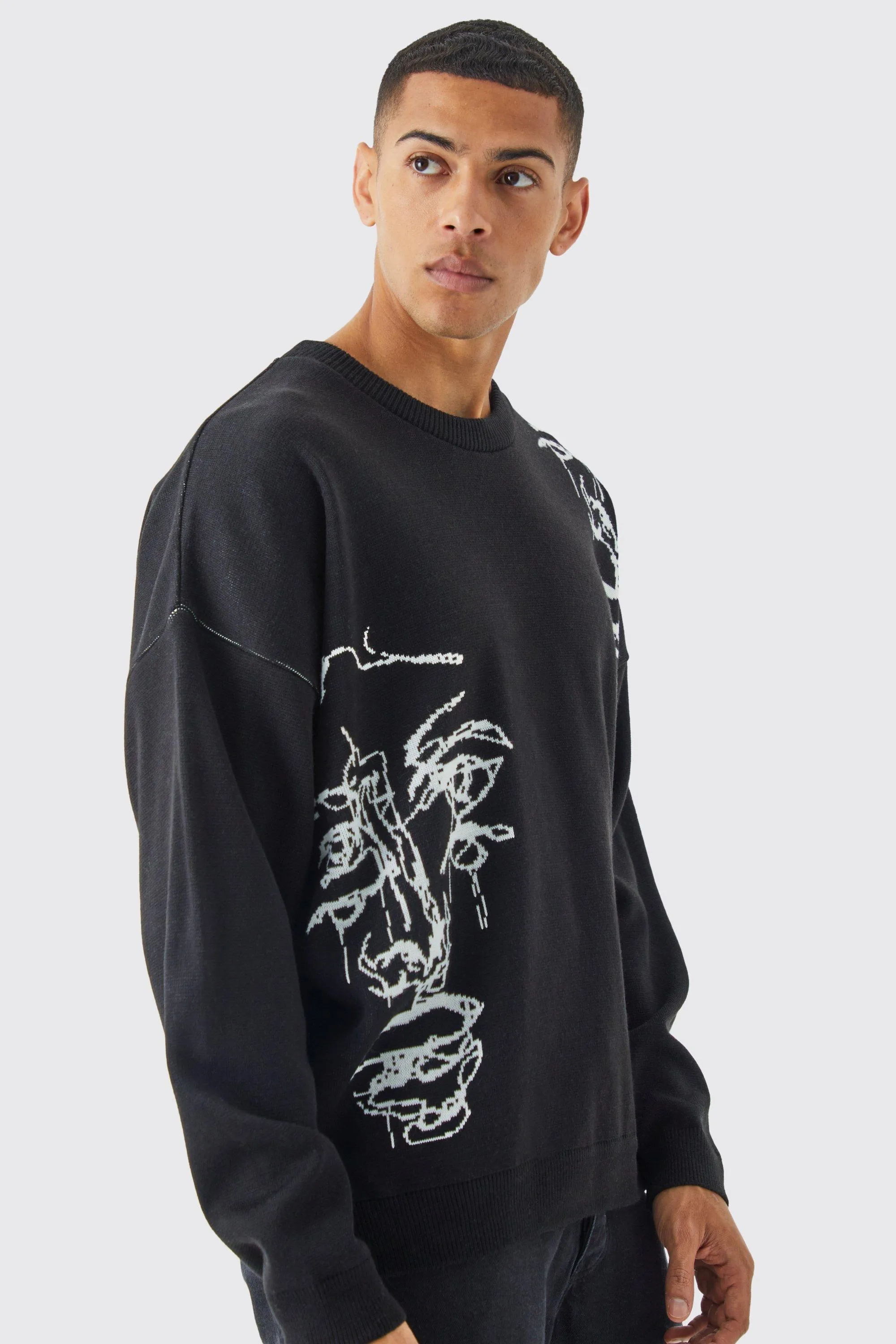 Oversized Drop Shoulder Line Drawing Knit Jumper | boohooMAN UK